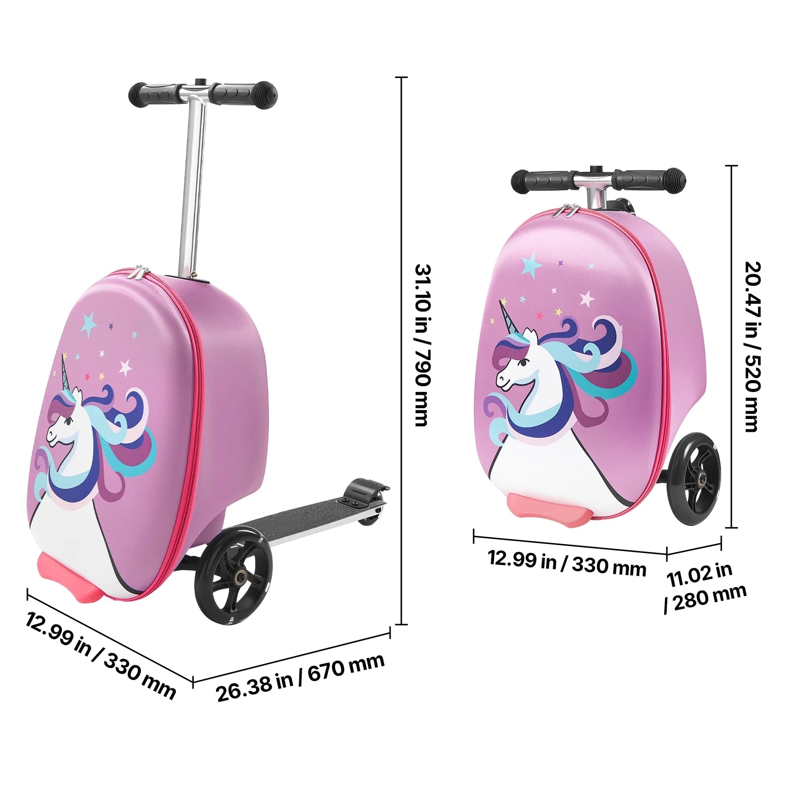 KFFKFF Ride - on Kids Luggage, 20 L Capacity, 20 - Inch Scooter Suitcase with Flashing PU Wheels, Adjustable Handle & Non - Slip Grip, Foldable and Lightweight Travel Companion for Children Aged 5+, Purple