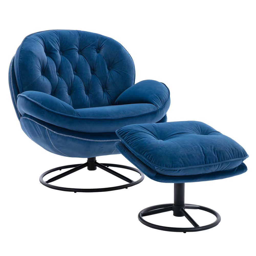 Swivel Accent Chair with Ottoman, Velvet Accent Chair with Footrest, Mid - Century Modern Lounge Chair and Ottoman Set, Reading Chair for Living Room, Bedroom, Reading Room, Home Office, Blue