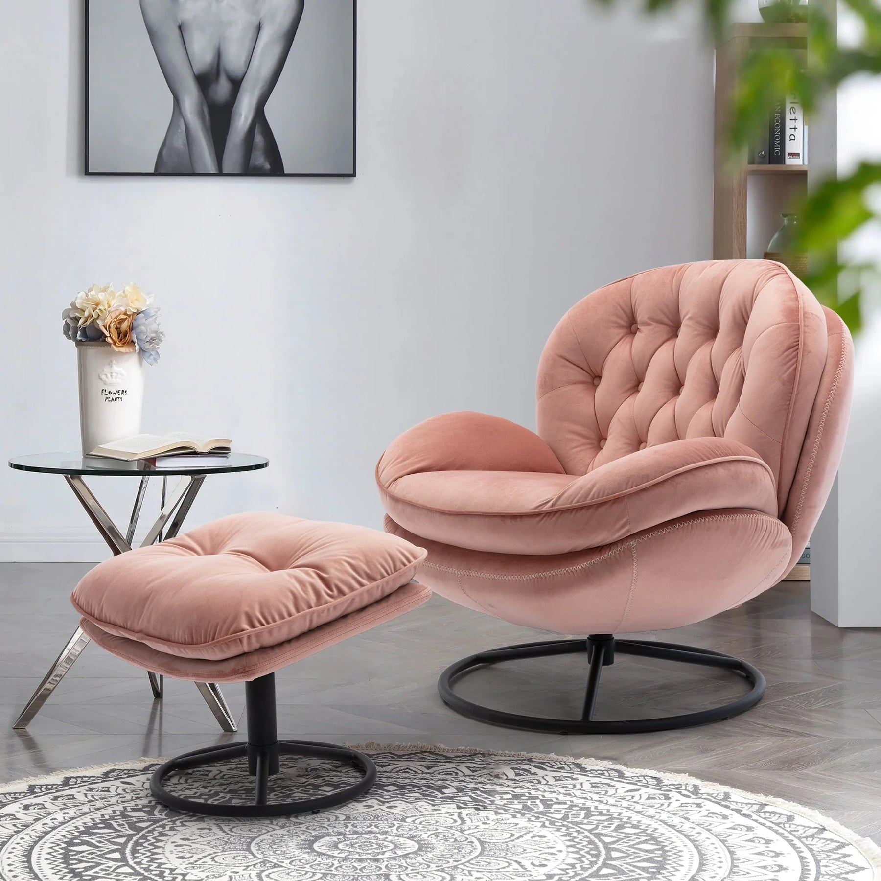 Swivel Accent Chair with Ottoman, Velvet Accent Chair with Footrest, Mid - Century Modern Lounge Chair and Ottoman Set, Reading Chair for Living Room, Bedroom, Reading Room, Home Office, Blue