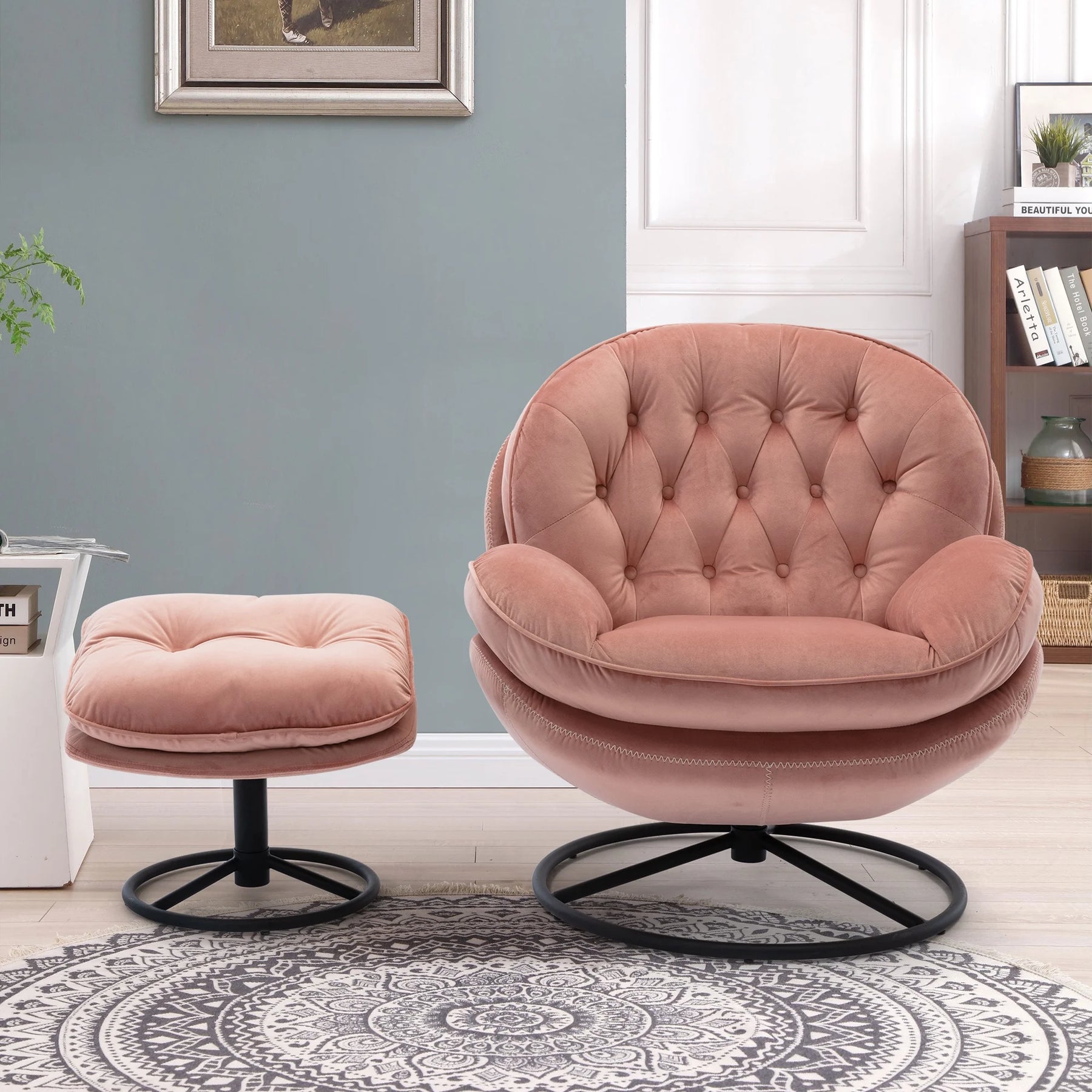 Swivel Accent Chair with Ottoman, Velvet Accent Chair with Footrest, Mid - Century Modern Lounge Chair and Ottoman Set, Reading Chair for Living Room, Bedroom, Reading Room, Home Office, Blue