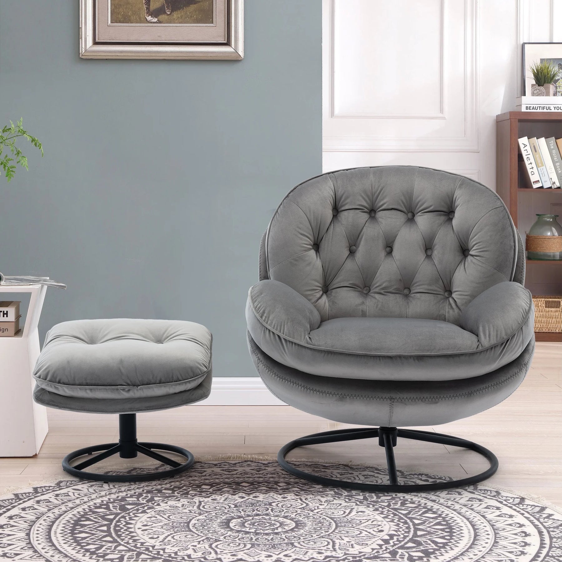 Swivel Accent Chair with Ottoman, Velvet Accent Chair with Footrest, Mid - Century Modern Lounge Chair and Ottoman Set, Reading Chair for Living Room, Bedroom, Reading Room, Home Office, Blue