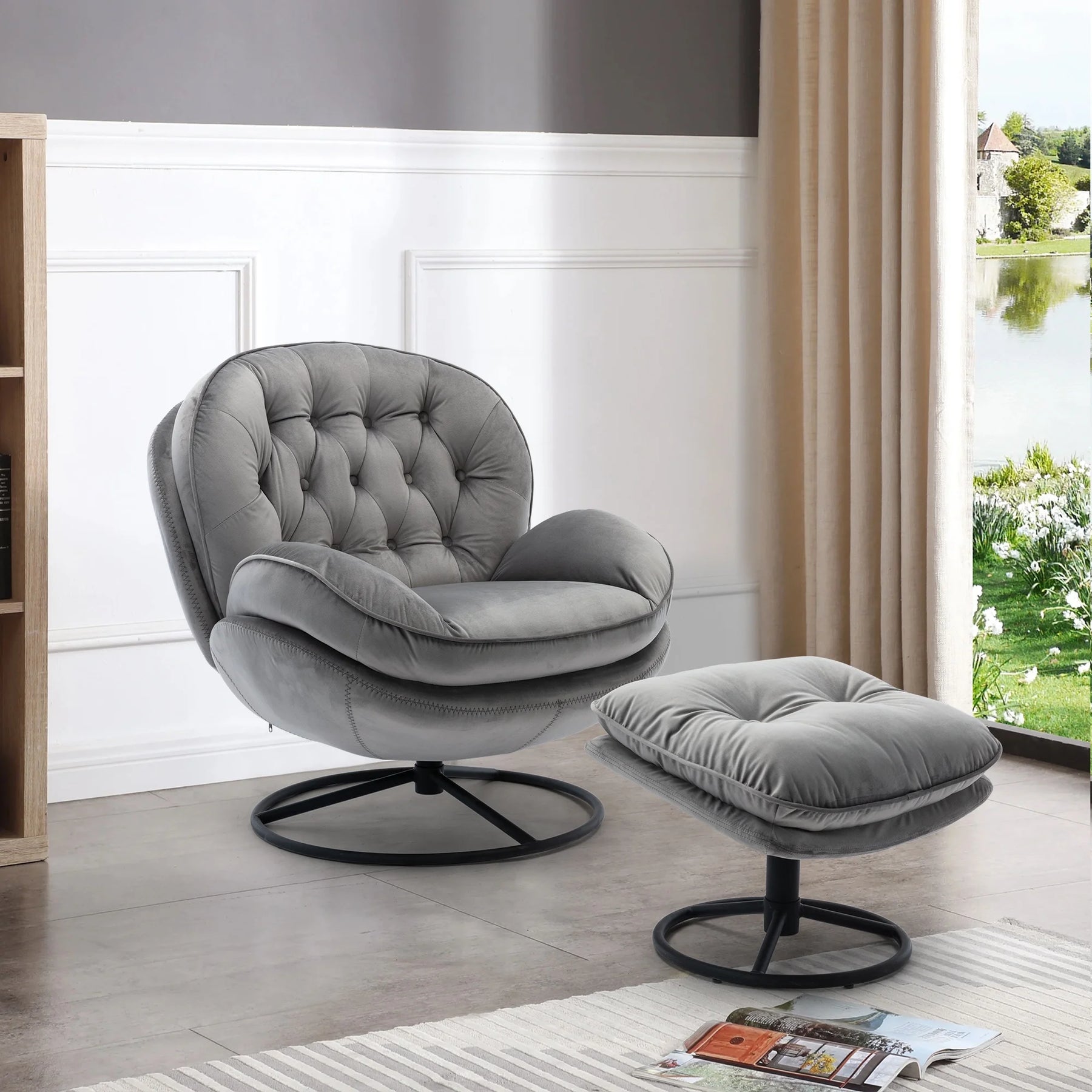 Swivel Accent Chair with Ottoman, Velvet Accent Chair with Footrest, Mid - Century Modern Lounge Chair and Ottoman Set, Reading Chair for Living Room, Bedroom, Reading Room, Home Office, Blue