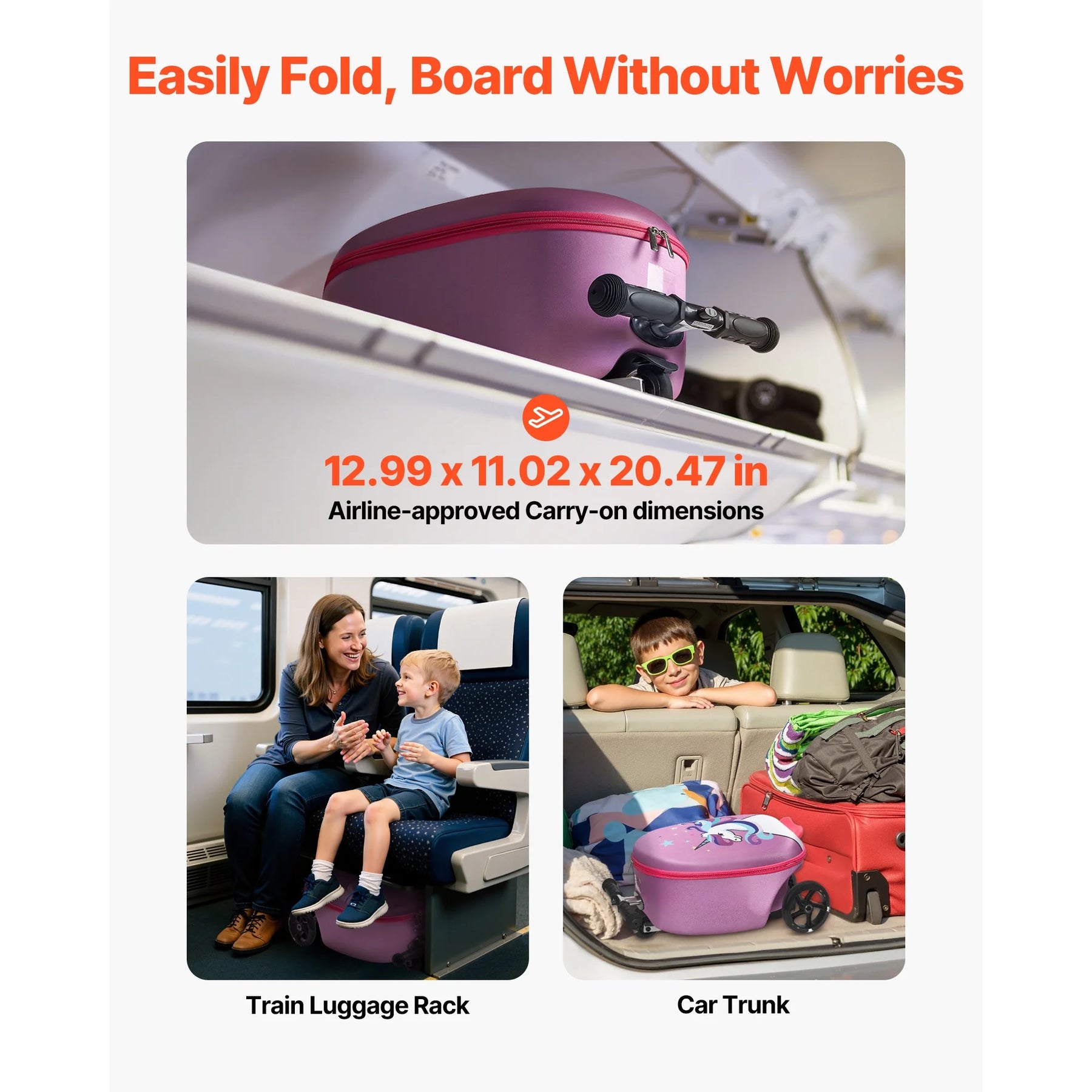 KFFKFF Ride - on Kids Luggage, 20 L Capacity, 20 - Inch Scooter Suitcase with Flashing PU Wheels, Adjustable Handle & Non - Slip Grip, Foldable and Lightweight Travel Companion for Children Aged 5+, Purple