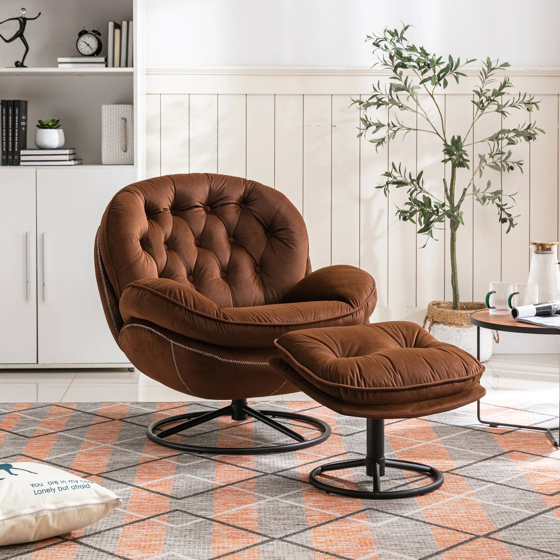 Swivel Accent Chair with Ottoman, Velvet Accent Chair with Footrest, Mid - Century Modern Lounge Chair and Ottoman Set, Reading Chair for Living Room, Bedroom, Reading Room, Home Office, Blue