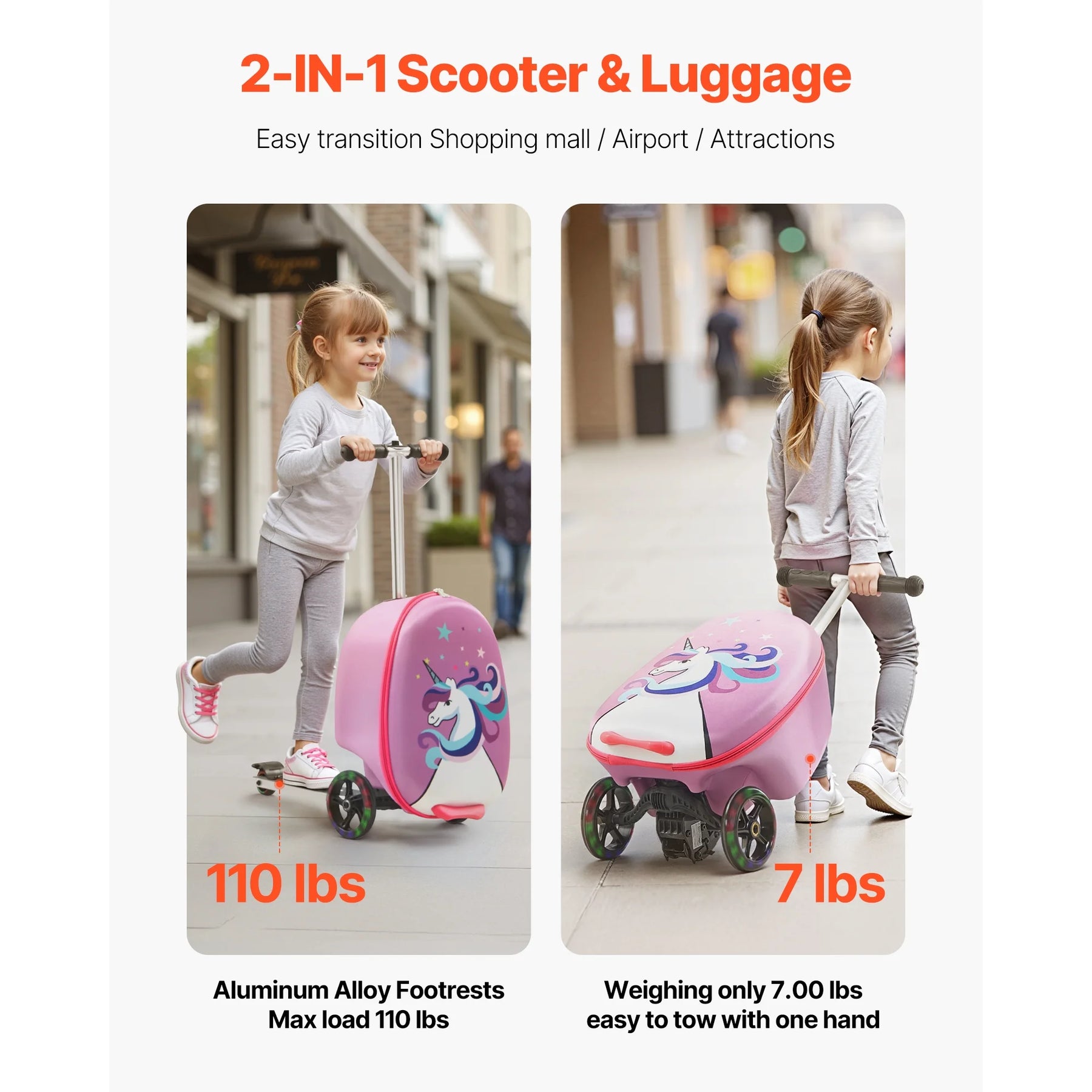 KFFKFF Ride - on Kids Luggage, 20 L Capacity, 20 - Inch Scooter Suitcase with Flashing PU Wheels, Adjustable Handle & Non - Slip Grip, Foldable and Lightweight Travel Companion for Children Aged 5+, Purple